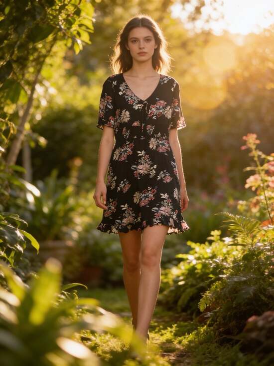 NY Collection Dresses & Skirts - NY Collection Black Floral Print Tie Front Ruffle Hem Dress